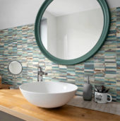 0.7"X4" Wood Rectangles Mix Beige Blue Ceramic Mosaic | Qualis Ceramica | Luxury Tile and Vinyl at affordable prices