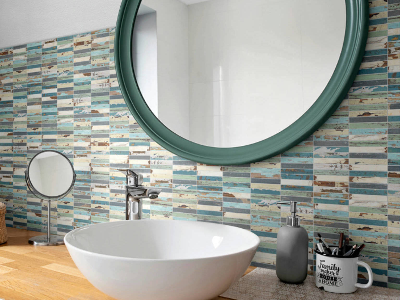 0.7x4 Wood Rectangles Mix Beige/Blue Ceramic Mosaic | Qualis Ceramica | Luxury Tile and Vinyl at affordable prices