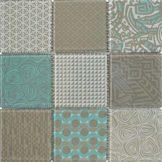 4"X4" Beige Green Glass Geometric Random Pattern Mosaic | Qualis Ceramica | Luxury Tile and Vinyl at affordable prices
