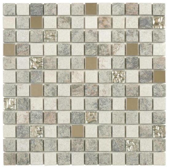 Grey Beige Glass Quartzite And Metal Décor 7/8"X7/8" Mosaic | Qualis Ceramica | Luxury Tile and Vinyl at affordable prices