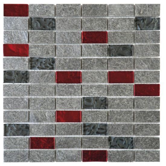 Grey Natural Quartzite Red Glass Mosaic 1"X2" | Qualis Ceramica | Luxury Tile and Vinyl at affordable prices