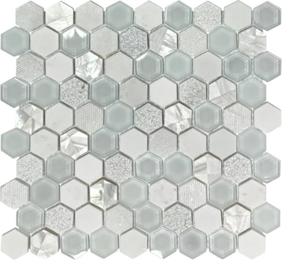Hexagon Glass Marble & Mother Pearl White Mix Mosaic | Qualis Ceramica | Luxury Tile and Vinyl at affordable prices