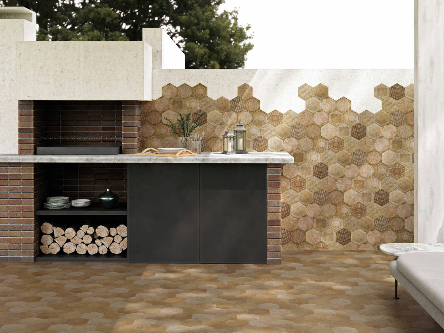 Alma 5.5x6.3” Terra and Sand Decor Hexagon | Qualis Ceramica | Luxury Tile and Vinyl at affordable prices