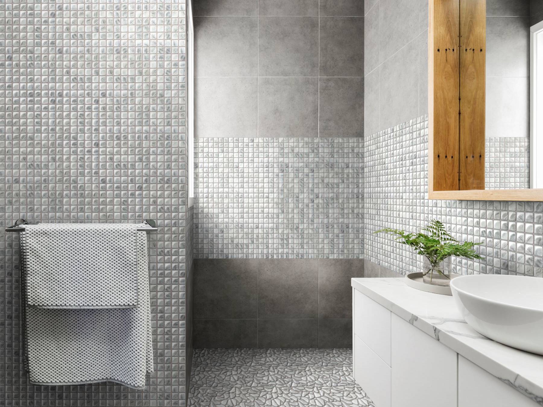 Glass Pebble Light Grey + Glass Square Light Grey | Qualis Ceramica | Luxury Tile and Vinyl at affordable prices