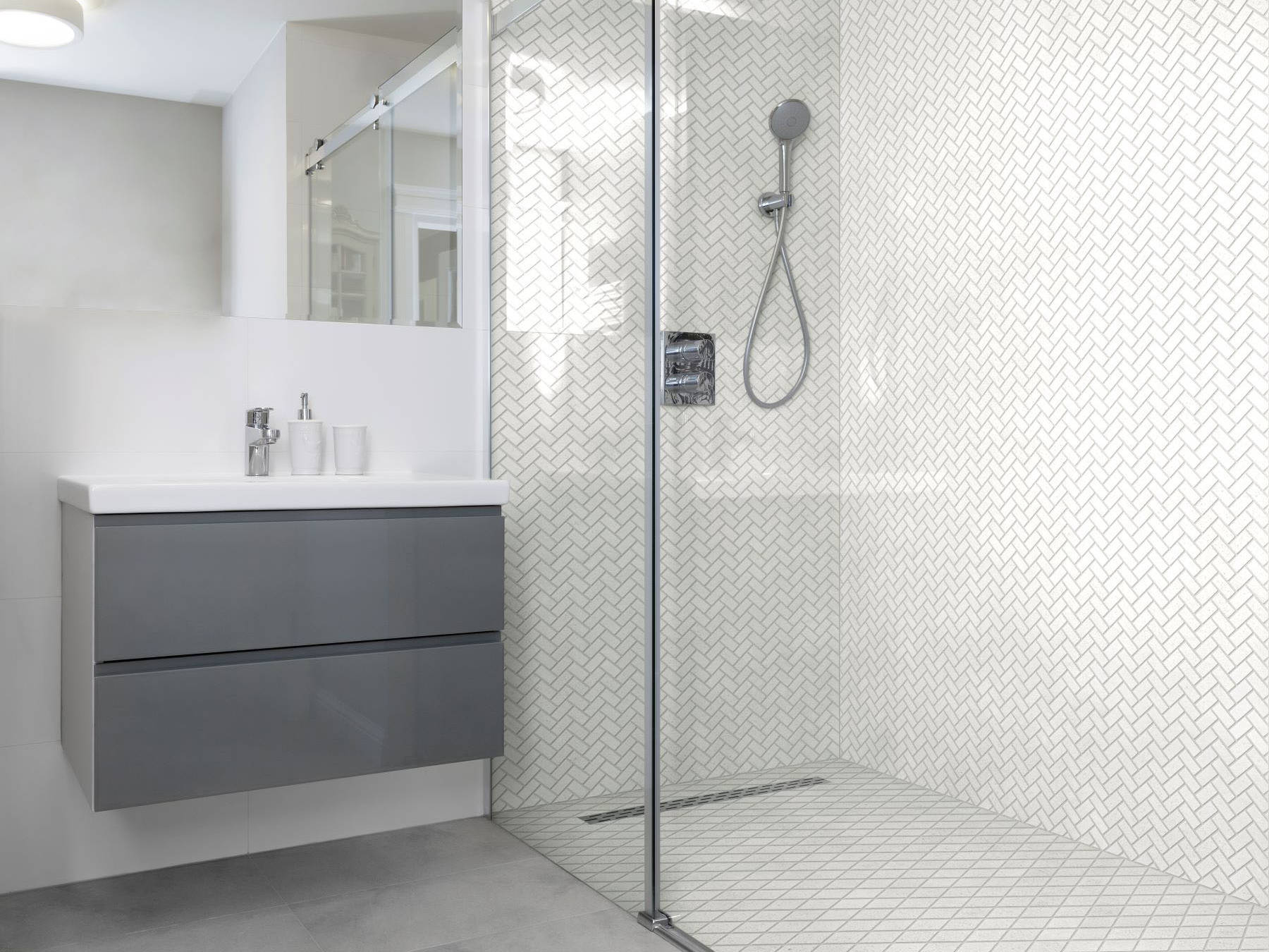 Herringbone Crystal + Crystal White  Marble Diamond | Qualis Ceramica | Luxury Tile and Vinyl at affordable prices